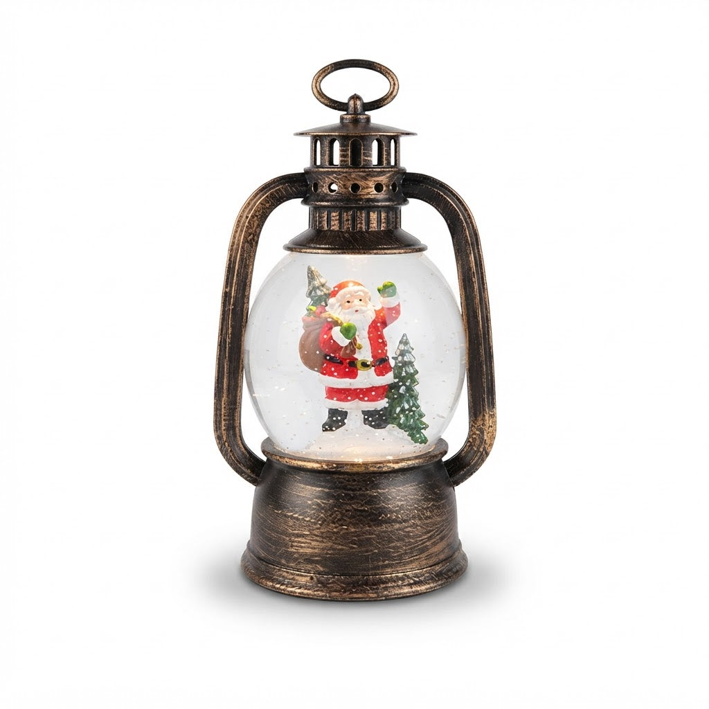Farol tipo quinqué con Papá Noel y árbol iluminado