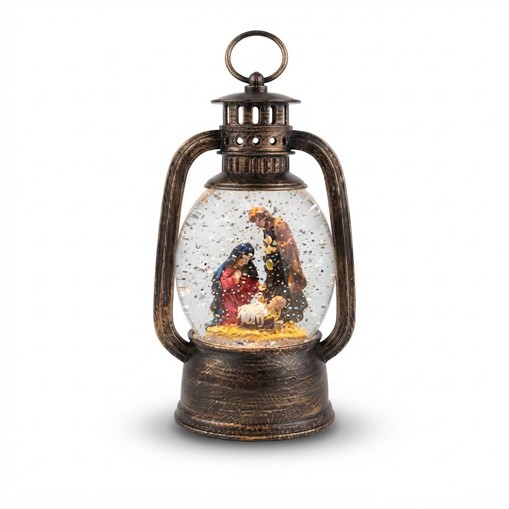 Farol tipo quinqué con escena navideña iluminada