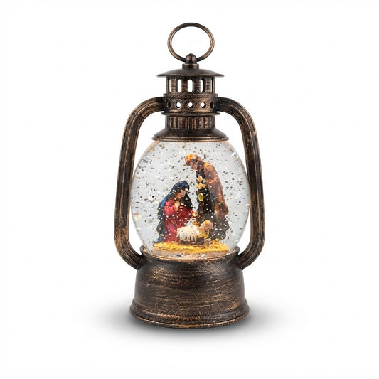 Farol tipo quinqué con escena navideña iluminada
