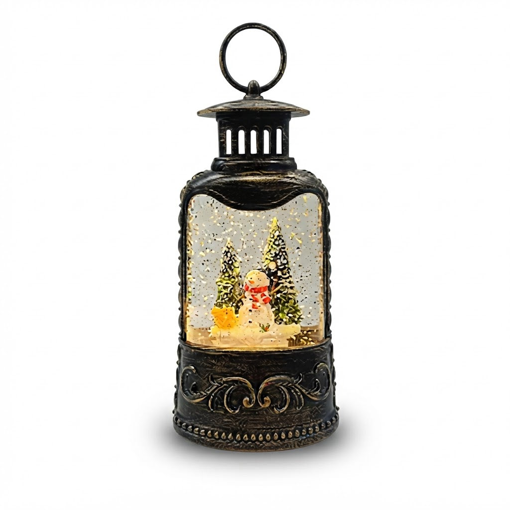 Farol navideño alto con muñeco de nieve y árbol