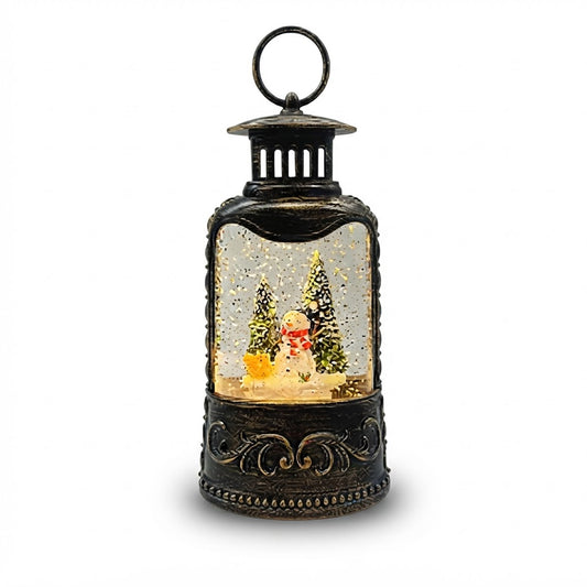 Farol navideño alto con muñeco de nieve y árbol