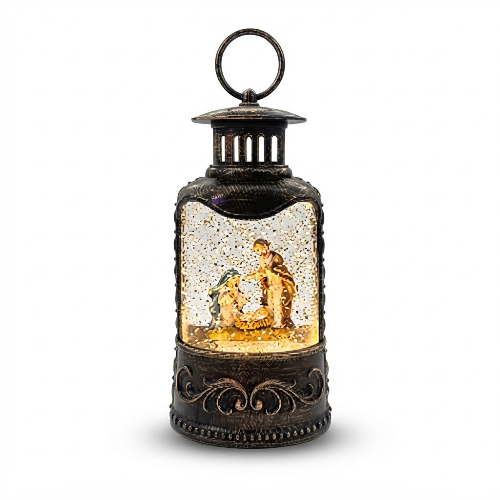 Farol navideño alto con pesebre iluminado