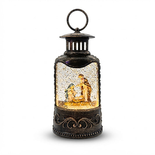 Farol navideño alto con pesebre iluminado