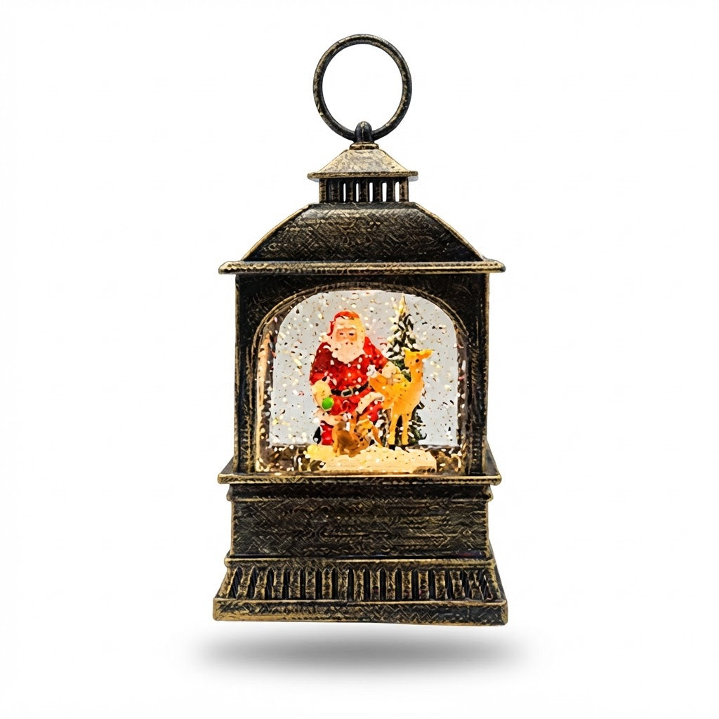 Farol navideño cuadrado con Papá Noel y niños