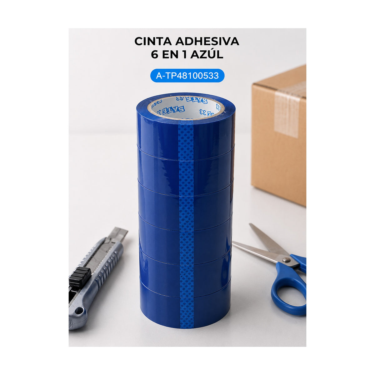 EMB. CINTA ADHESIVA AZUL 53*48/100M - 6 UNIDADES de SATE, producto centrado sobre fondo blanco