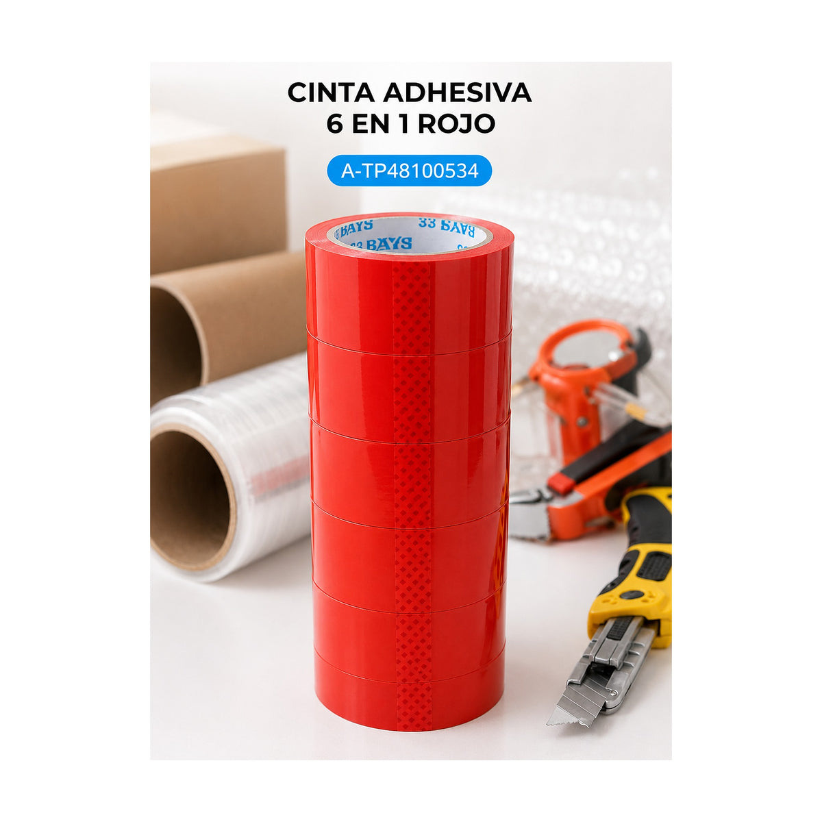 EMB. CINTA ADHESIVA ROJA 53*48/100M - 6 UNIDADES de SATE, producto centrado sobre fondo blanco