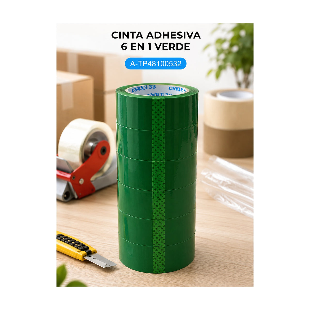 EMB. CINTA ADHESIVA VERDE 53*48/100M - 6 UNIDADES de SATE, producto centrado sobre fondo blanco