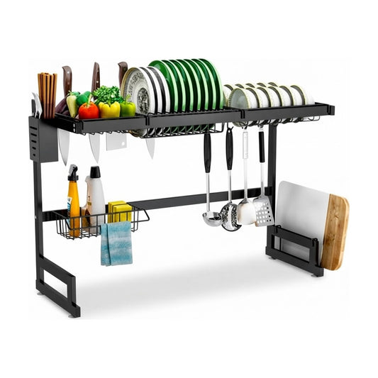 Escurridor de platos y cubiertos Decoteam DCE-007 negro de dos niveles con vajilla