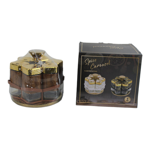 Especiero giratorio 6 frascos con base - Dorado tono madera