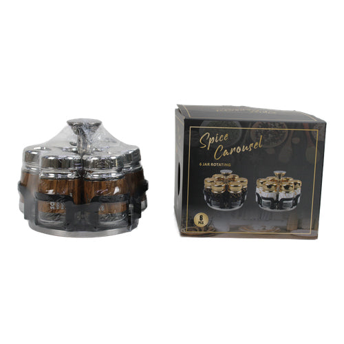 Especiero giratorio 6 frascos con base - Plateado tono madera
