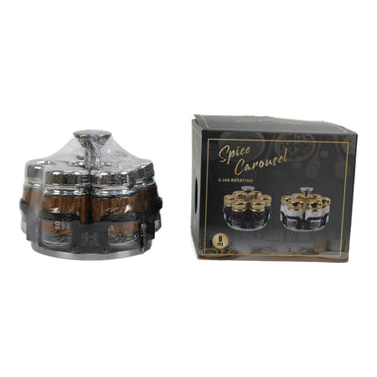 Especiero giratorio 6 frascos con base - Plateado tono madera