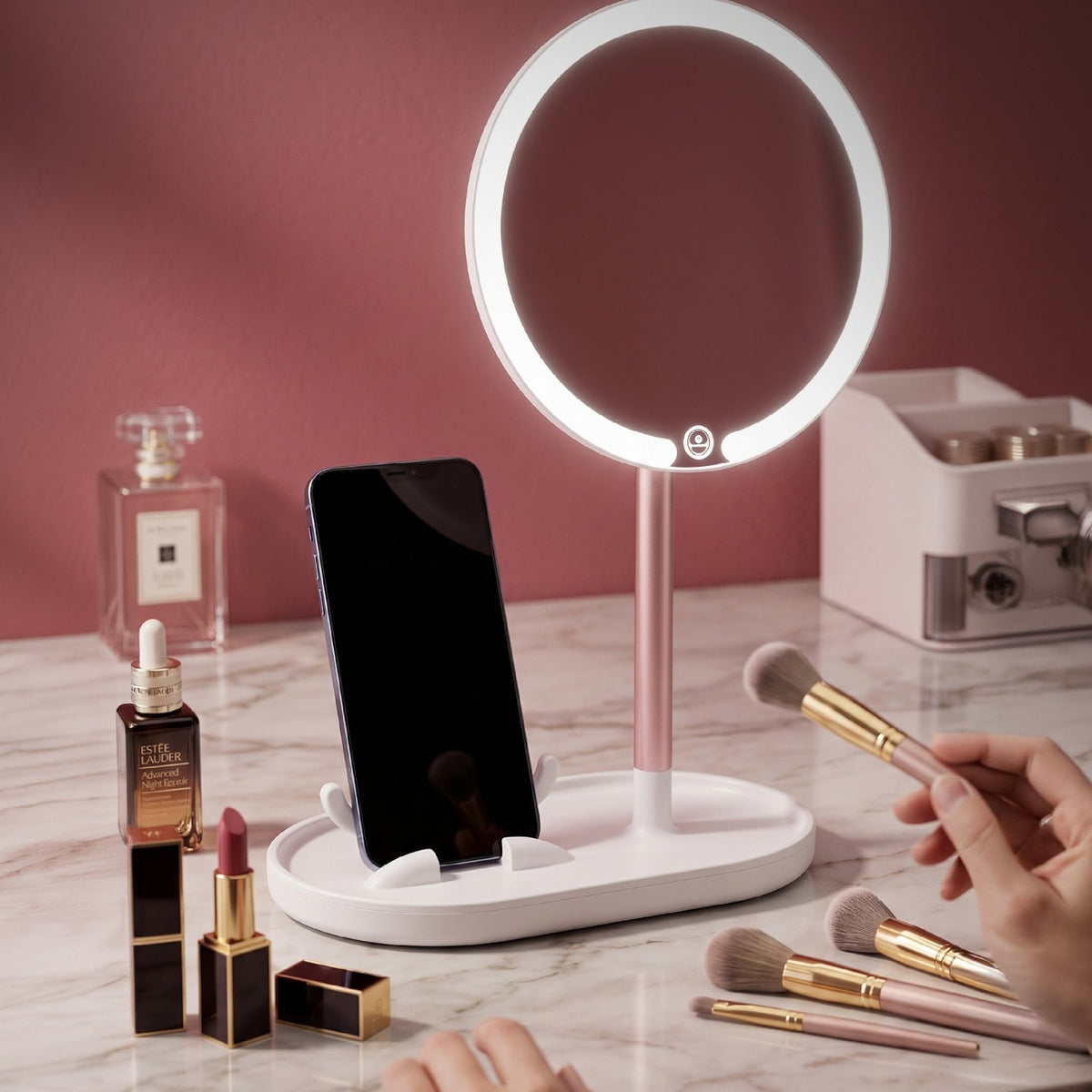 Espejo de maquillaje con luz LED SATE HZJ-607A, aro luminoso redondo con soporte para celular en la base