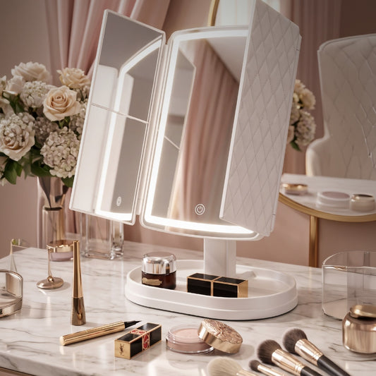 Espejo de maquillaje con luz LED SATE HZJ-608, tríptico plegable blanco de tres paneles sobre una mesa de mármol