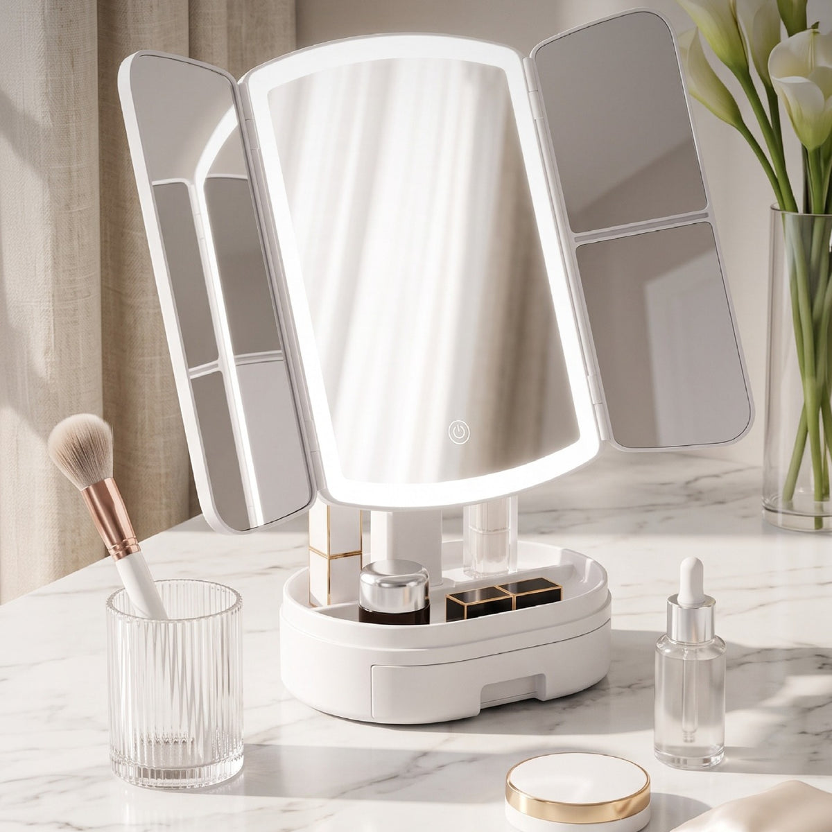 Espejo de maquillaje con luz LED SATE HZJ-609, tríptico plegable blanco con organizador y cajón en la base