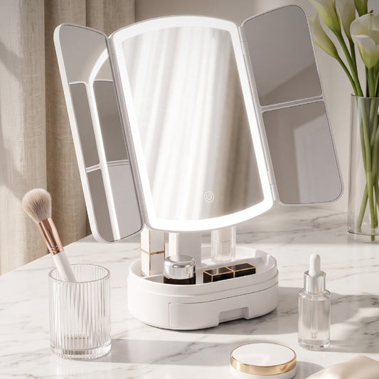 Espejo de maquillaje con luz LED SATE HZJ-609, tríptico plegable blanco con organizador y cajón en la base