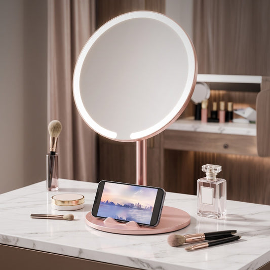 Espejo de maquillaje con luz LED SATE HZJ-616 redondo con soporte para celular en la base