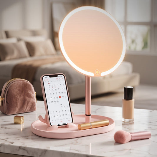Espejo de maquillaje con luz LED SATE HZJ-617 redondo rosa con bandeja y soporte para celular