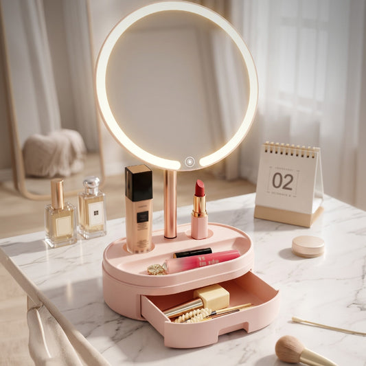 Espejo de maquillaje con luz LED SATE HZJ-650 redondo sobre base rosa con cajón abierto y organizador