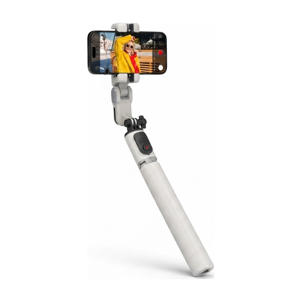 Estabilizador para celular SATE A-MK181 blanco con trípode y celular montado
