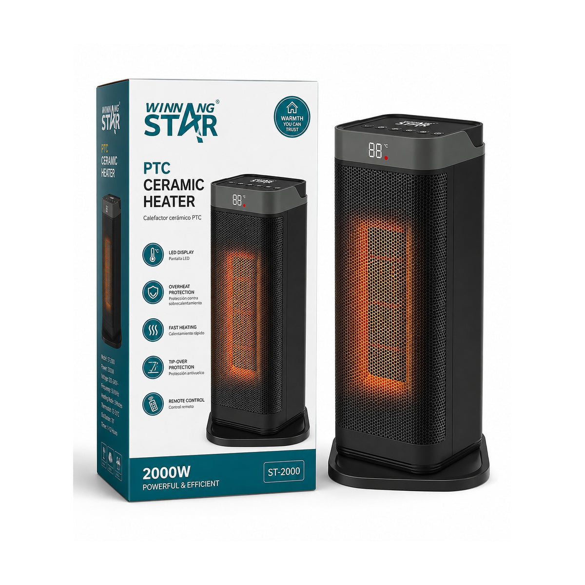 Estufa Eléctrica Winning Star ST-4081 2000W con Control Remoto sobre fondo blanco, vista completa del producto