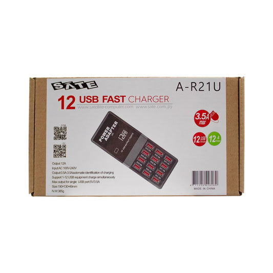 Cargador USB multipuerto SATE A-R21U con 12 puertos USB-A