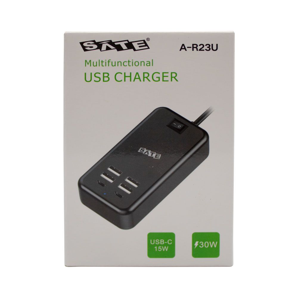 Cargador USB multipuerto SATE A-R23U con 4 puertos USB-A y 2 USB-C