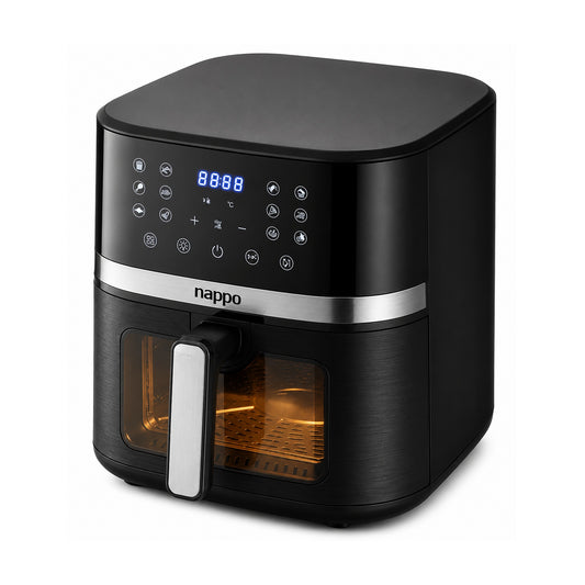 Freidora Sin Aceite Digital Nappo NEF-218 Negra 7L sobre fondo blanco, vista completa del producto