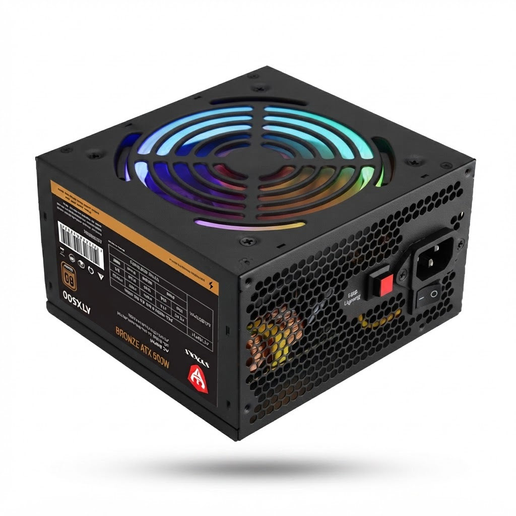 Fuente de Alimentación 500WB 80 Plus Bronze, vista de producto sobre fondo blanco