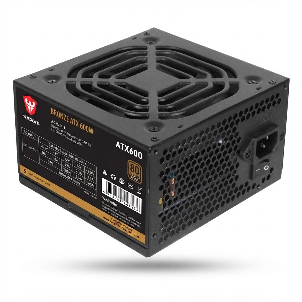 Fuente de Poder 600WB 600W 80 Plus Bronce ATX, vista de producto sobre fondo blanco