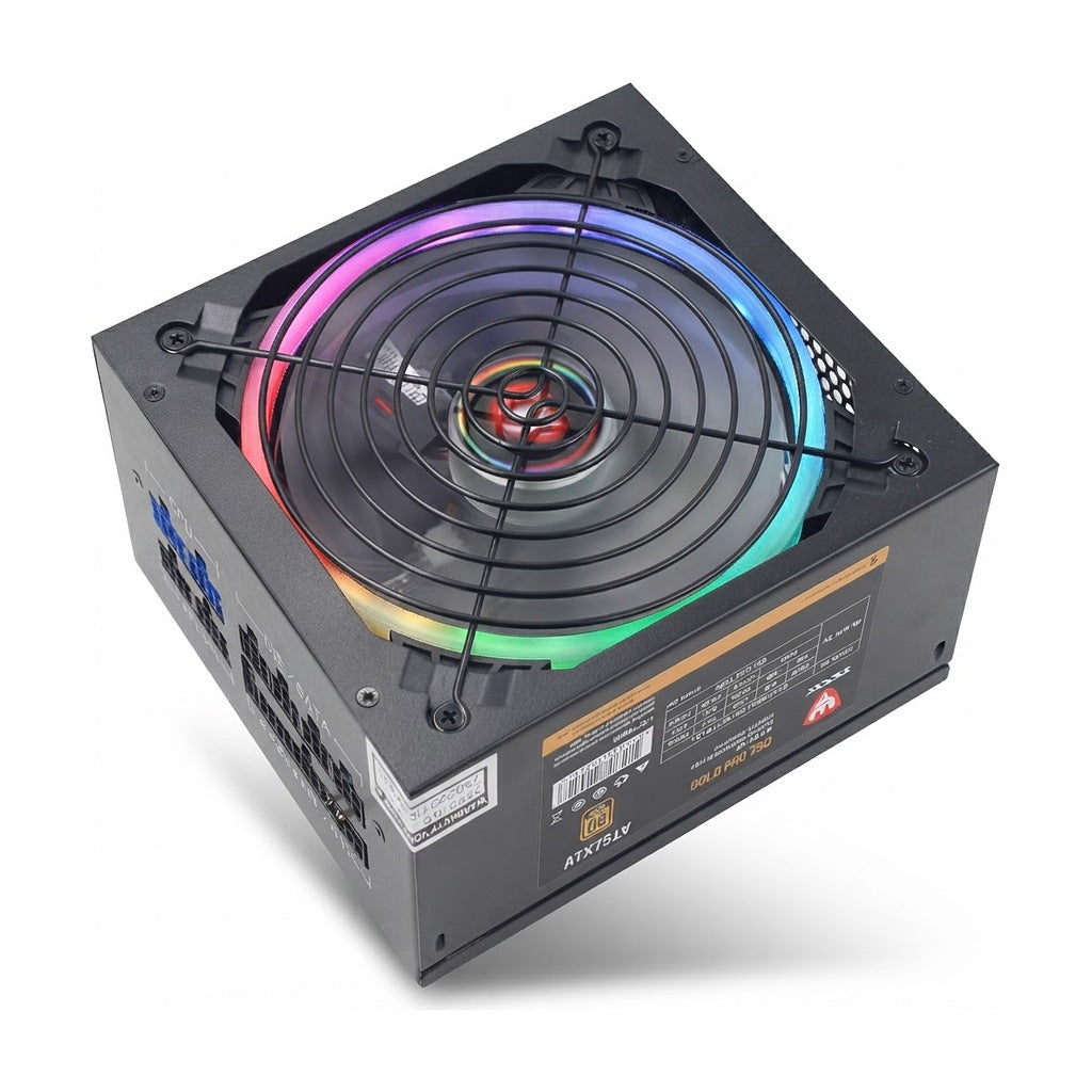 Fuente de Poder 750WG 750W 80 Plus Gold RGB Full Modular, vista de producto sobre fondo blanco
