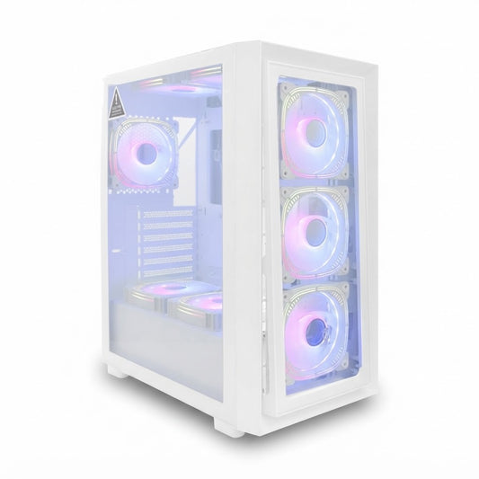 Gabinete Gamer SATE K-52 E-ATX con 8 Coolers RGB Incluidos sobre fondo blanco