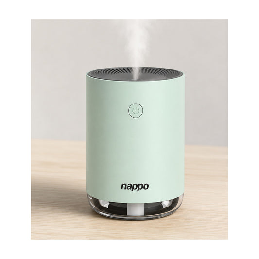 Humidificador Aromático Ultrasónico Nappo NEV-071 Verde 220ml sobre fondo blanco, vista completa del producto