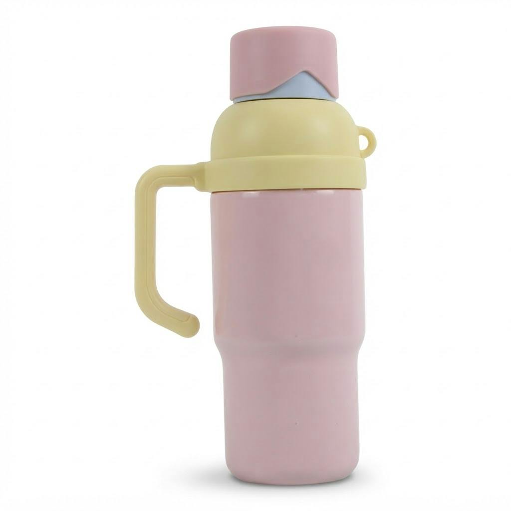 Vaso térmico de acero inoxidable 680 ml con asa rosa sobre fondo blanco
