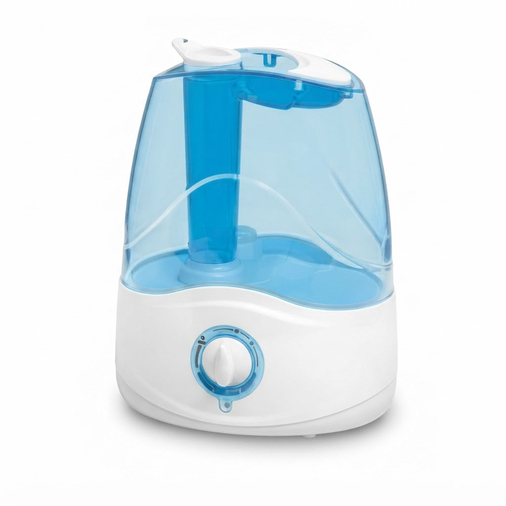 Humidificador ultrasónico blanco y azul con tanque translúcido