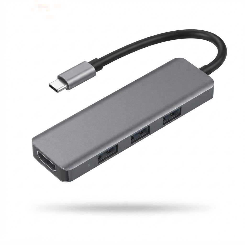 Hub USB-C plateado con salida HDMI y dos puertos USB-A