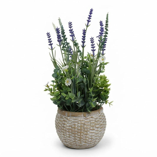 Planta artificial de lavanda en maceta tejida 35 cm sobre fondo blanco