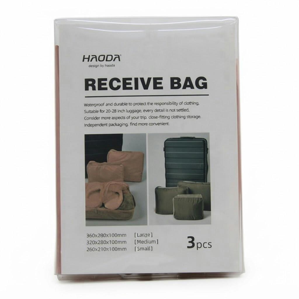 Set de 3 bolsas organizadoras de viaje para valija sobre fondo blanco