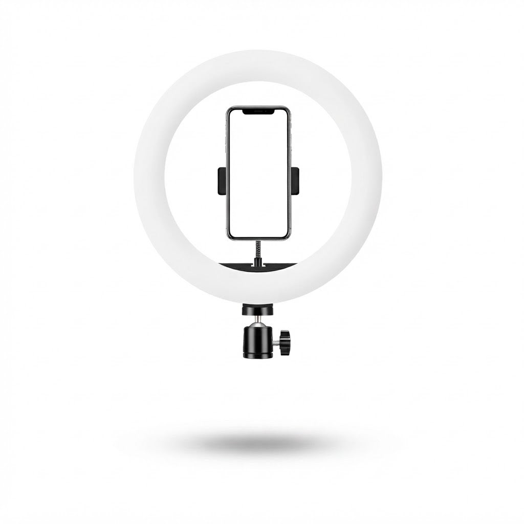 Aro de luz LED blanco con soporte para celular y trípode con rótula, sobre fondo blanco
