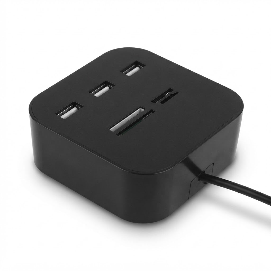 Hub USB negro tipo cubo con lector de tarjetas SD
