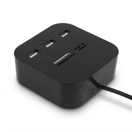 Hub USB negro tipo cubo con lector de tarjetas SD
