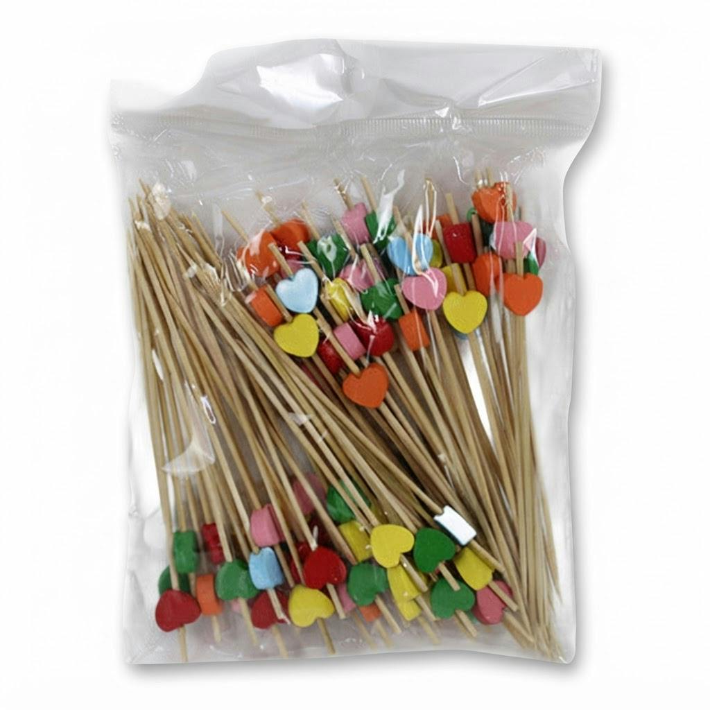 Pinchos de bambú con corazones para frutas 11,5 cm 100 unidades sobre fondo blanco