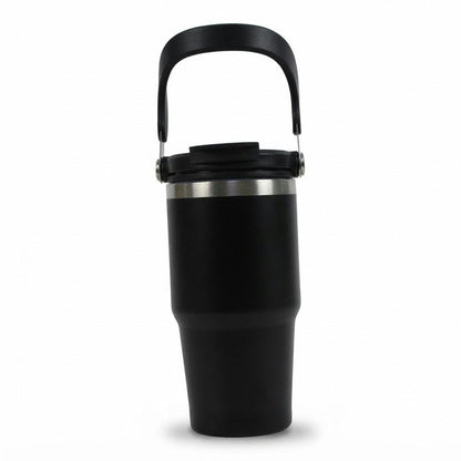 Vaso térmico de acero inoxidable 600 ml negro con asa sobre fondo blanco