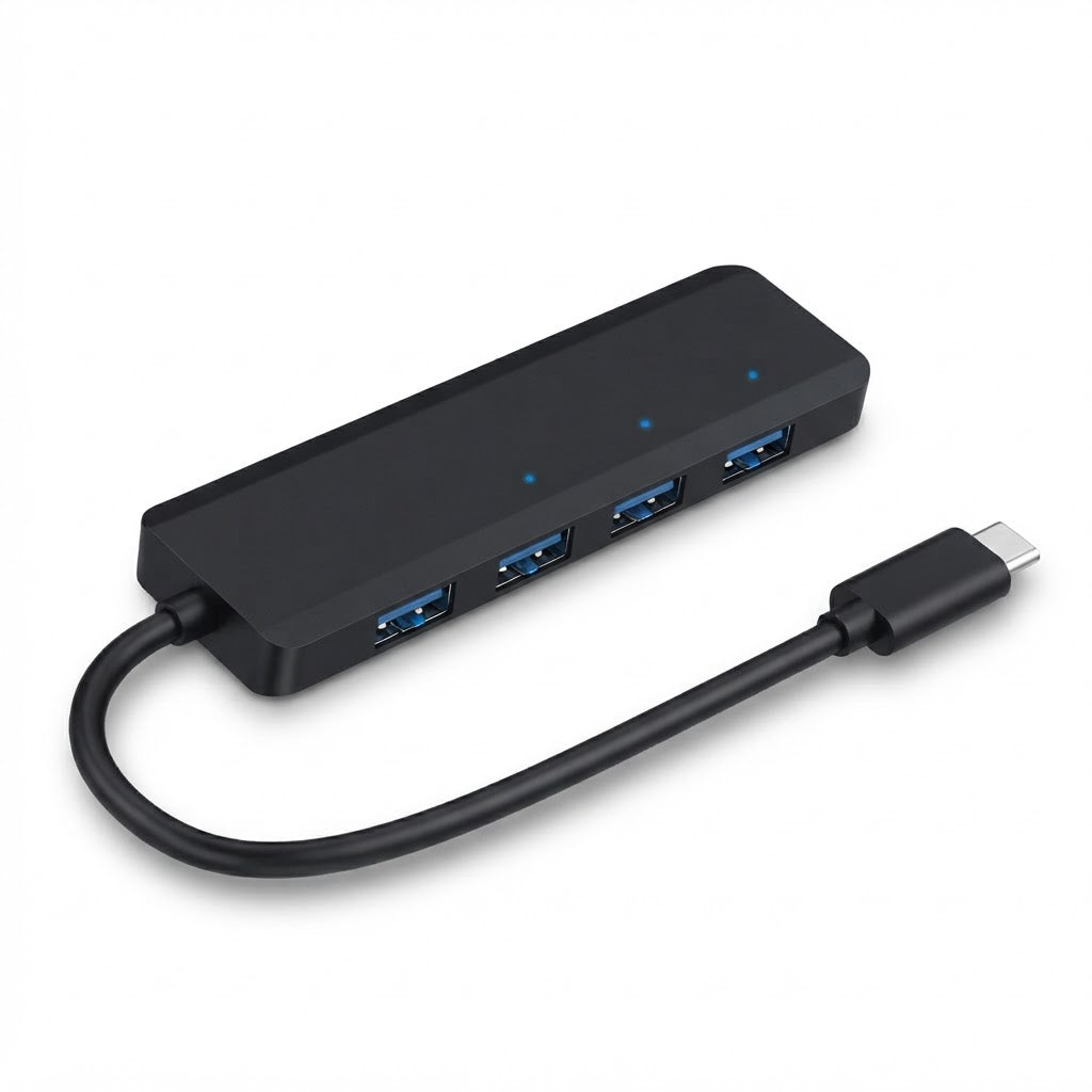 Hub USB-C negro con cuatro puertos USB y luces indicadoras