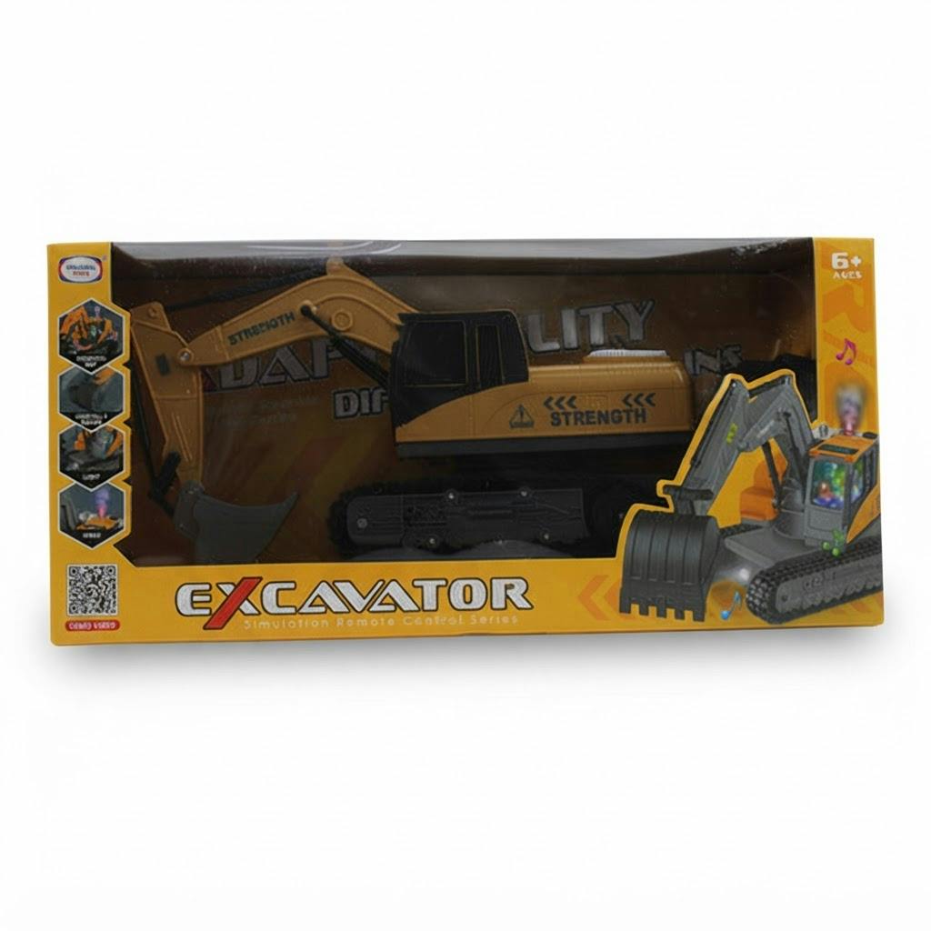 Excavadora a control remoto para niños sobre fondo blanco