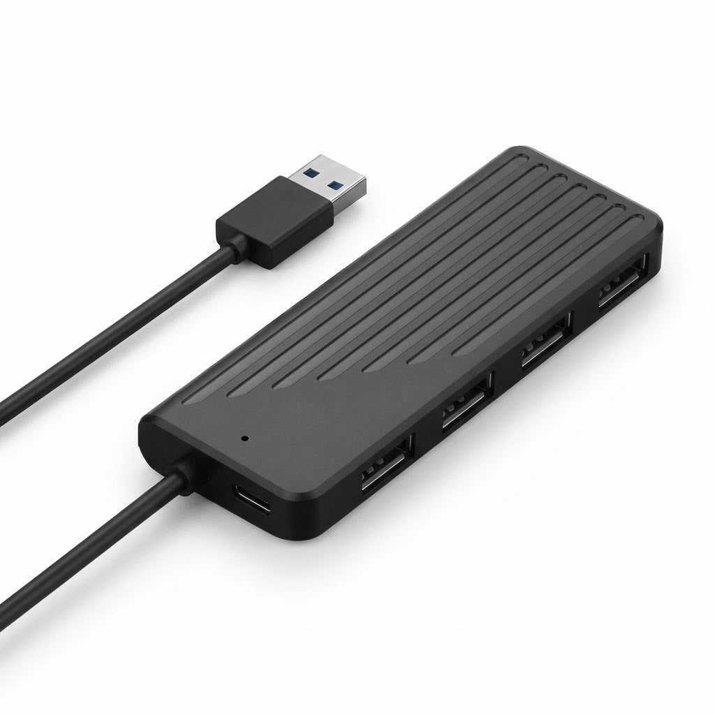 Hub USB negro con cable USB-A, cuatro puertos USB 3.0 y puerto de alimentación tipo C, sobre fondo blanco