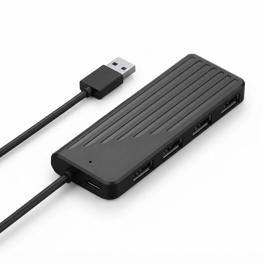 Hub USB negro con cable USB-A, cuatro puertos USB 3.0 y puerto de alimentación tipo C, sobre fondo blanco