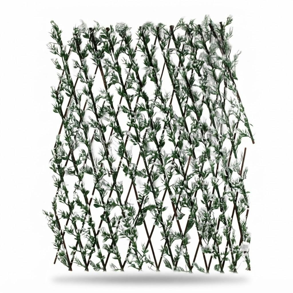 Celosía extensible con hojas artificiales blancas 1,2 x 3 m sobre fondo blanco