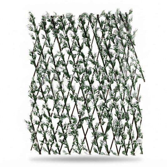 Celosía extensible con hojas artificiales blancas 1,2 x 3 m sobre fondo blanco