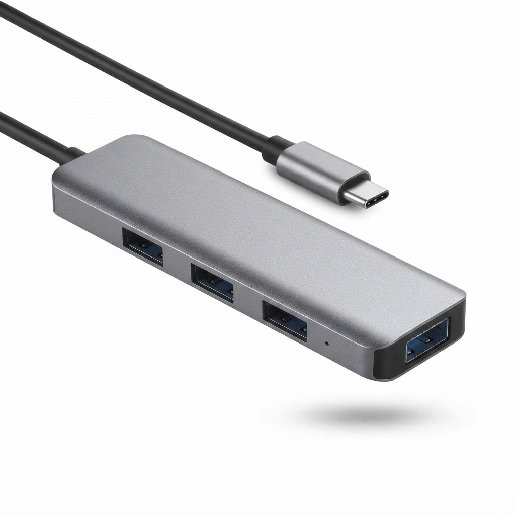 Hub USB-C plateado con puertos USB-A y salida HDMI