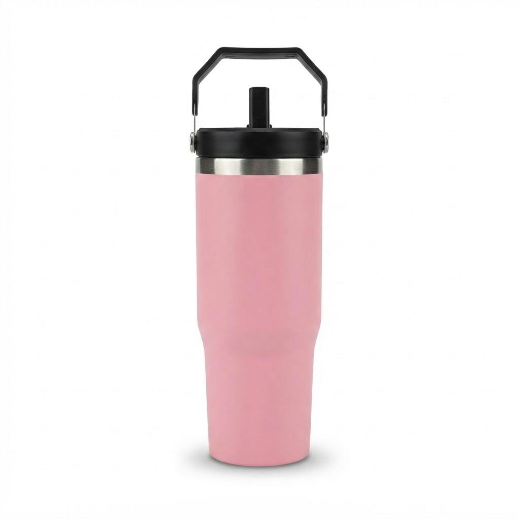 Vaso térmico de acero inoxidable 900 ml con pajita y asa rosa sobre fondo blanco